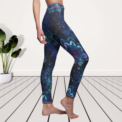 Image of Blue Galaxy Gradient Mandala Women's Cut & Sew Casual Leggings, Yoga Pants,