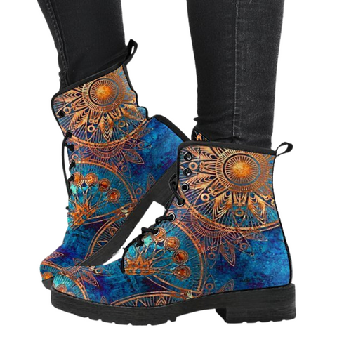Image of Floral Ornament Women's Vegan Leather Boots, Lace Up Ankle Boots,