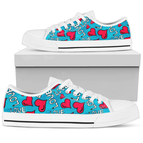 Image of Blue Love Hearts Canvas Shoes,High Quality, Hippie, Low Tops Sneaker,Streetwear, Multi Colored,All Star,Custom Shoes,Women's Low Top