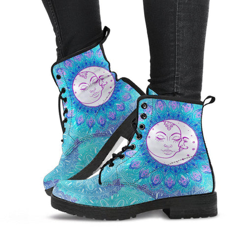 Image of Blue Sun Moon Mandala Women's Vegan Leather Boots, Rain Shoes, Hippie