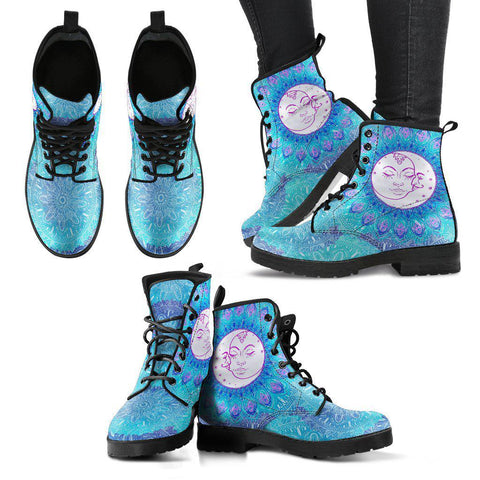 Image of Blue Sun Moon Mandala Women's Vegan Leather Boots, Rain Shoes, Hippie
