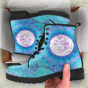 Blue Sun Moon Mandala Women's Vegan Leather Boots, Rain Shoes, Hippie