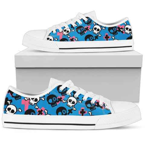 Image of Blue Multi Colored Skulls Low Tops Sneaker, Streetwear,All Star,Custom Shoes,Women's Low Top,Bright Colorful,Mandala shoes,Fashion Shoes