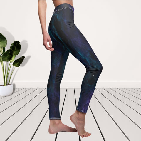 Image of Blue Multicolored Nebula Galaxy Women's Cut & Sew Casual Leggings, Yoga Pants,