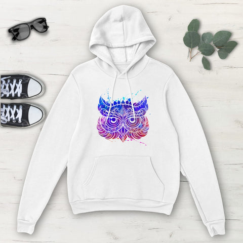Image of Blue Multicolored Owl Paint Splatter Classic Unisex Pullover Hoodie, Mens,