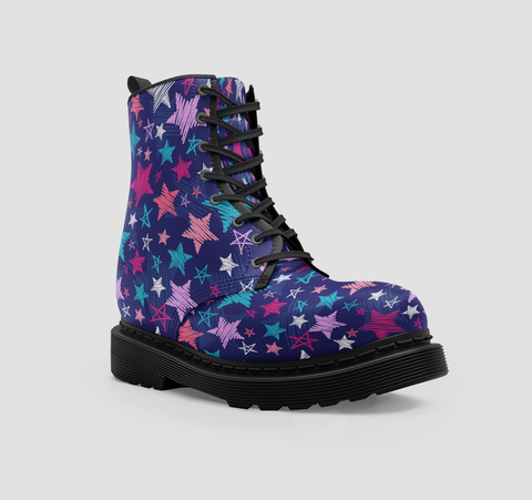 Image of Blue Pink Sketchy Stars Pattern, Vegan Boots, Stylish Wo, Crafted Girls