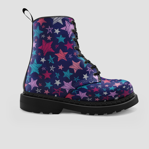 Blue Pink Sketchy Stars Pattern, Vegan Boots, Stylish Wo, Crafted Girls
