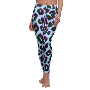 Blue Purple Cheetah Animal Print Leopard Women's Cut & Sew Casual Leggings, Yoga