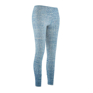 Blue Wash Denim Print Women's Cut & Sew Casual Leggings, Yoga Pants, Polyester