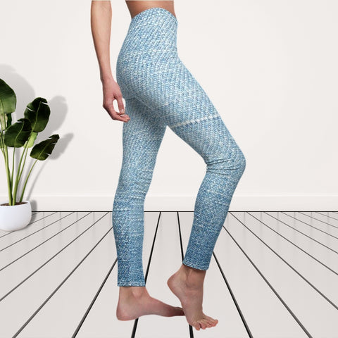 Image of Blue Wash Denim Print Women's Cut & Sew Casual Leggings, Yoga Pants, Polyester