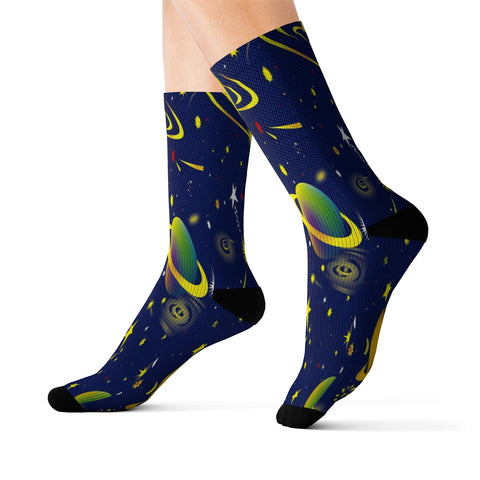 Image of Blue Yellow Multicolored Planet Universe Sublimation Socks, High Ankle Socks,