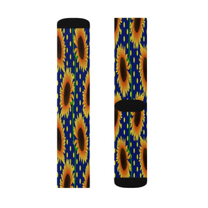 Blue & Yellow Polka Dot Sunflower Long Sublimation High Ankle Socks, Warm and