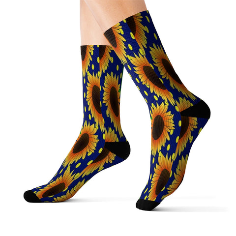 Image of Blue & Yellow Polka Dot Sunflower Long Sublimation High Ankle Socks, Warm and