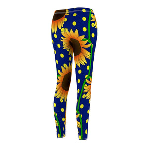 Blue Yellow Polka Dot Sunflower Women's Cut & Sew Casual Leggings, Yoga Pants,