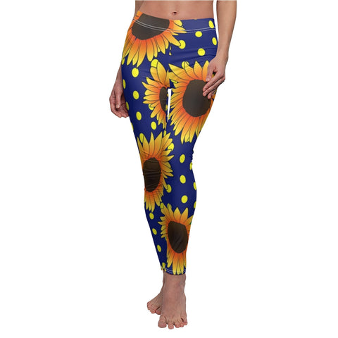 Image of Blue Yellow Polka Dot Sunflower Women's Cut & Sew Casual Leggings, Yoga Pants,