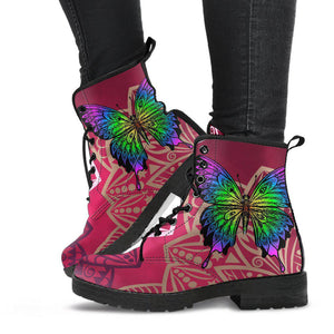 Green Butterfly Women's Vegan Leather Boots, Handcrafted Winter Rainbow Rain
