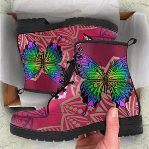 Green Butterfly Women's Vegan Leather Boots, Handcrafted Winter Rainbow Rain