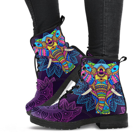 Image of Colorful Elephant Mandalas Women's Vegan Leather Boots, Fashion Shoes,