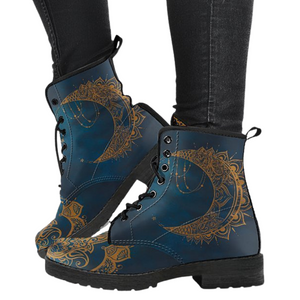 Moon Mandala Inspired: Handcrafted Women's Vegan Leather Boots, Stylish Lace Up