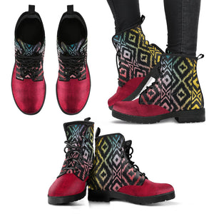 Boho Pattern Women's Vegan Leather Boots, Handmade Lace Up Ankle Boots, Fashionable Footwear