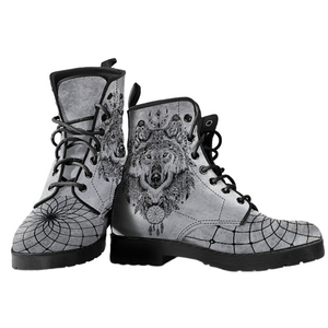 Gray Wolf Theme Vegan Leather Boots for Women, Lace-Up Boho Style, Hippie Ankle Boots with Mandala Design, Handcrafted Leather Footwear