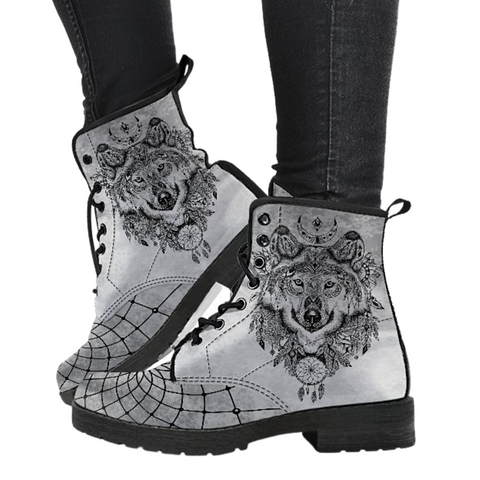 Image of Gray Wolf Theme Vegan Leather Boots for Women, Lace-Up Boho Style, Hippie Ankle Boots with Mandala Design, Handcrafted Leather Footwear