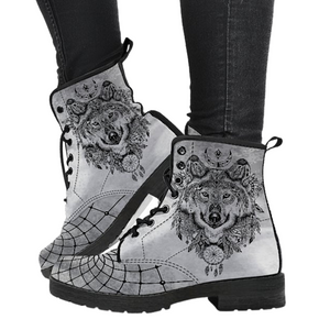 Gray Wolf Theme Vegan Leather Boots for Women, Lace-Up Boho Style, Hippie Ankle Boots with Mandala Design, Handcrafted Leather Footwear