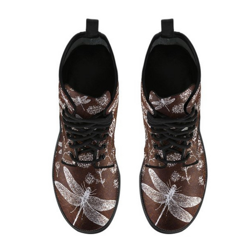 Image of Dragonfly Flower Design: Vegan Leather Women's Boots, Handcrafted Ankle Lace,up
