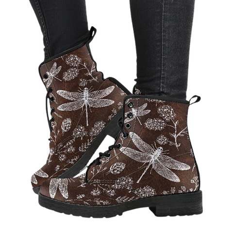 Image of Dragonfly Flower Design: Vegan Leather Women's Boots, Handcrafted Ankle Lace,up