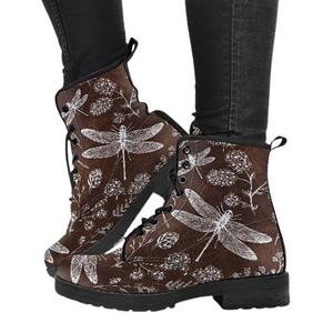 Dragonfly Flower Design: Vegan Leather Women's Boots, Handcrafted Ankle Lace,up