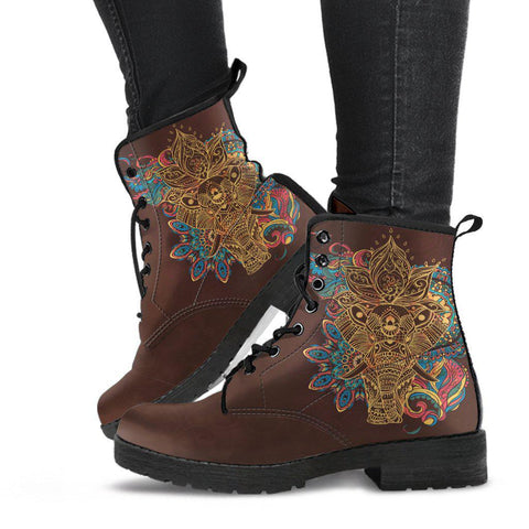 Image of Brown Elephant Mandala Women's Vegan Leather Boots, , Retro Winter Ankle