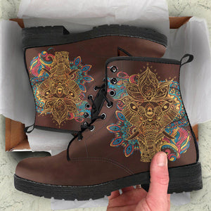 Brown Elephant Mandala Women's Vegan Leather Boots, , Retro Winter Ankle