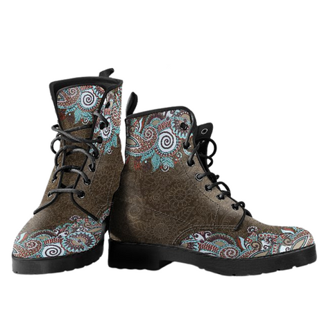 Image of Floral Mandala Women's Vegan Leather Boots, Handcrafted Lace Up Ankle Boots,