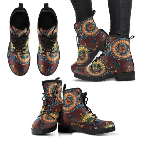 Image of Paisley Mandala Women's Vegan Leather Boots, Lace Up Ankle Boots, High