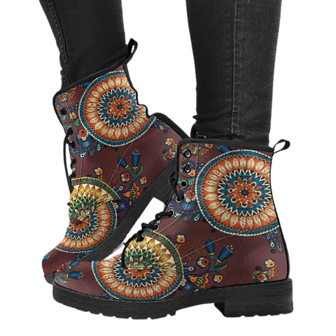 Image of Paisley Mandala Women's Vegan Leather Boots, Lace Up Ankle Boots, High