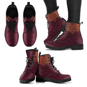 Women's Burgundy Chakra Mandalas Vegan Leather Boots - Handcrafted Ankle Boots - Bohemian Hippie Style - Ladies Energy Centers Footwear