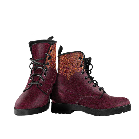 Image of Women's Burgundy Chakra Mandalas Vegan Leather Boots - Handcrafted Ankle Boots - Bohemian Hippie Style - Ladies Energy Centers Footwear