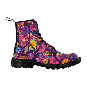 Bursting Colorful Peaceful Floral Hippie Womens Boots, Rain Boots,Hippie,Combat Style Boots,Emo Punk