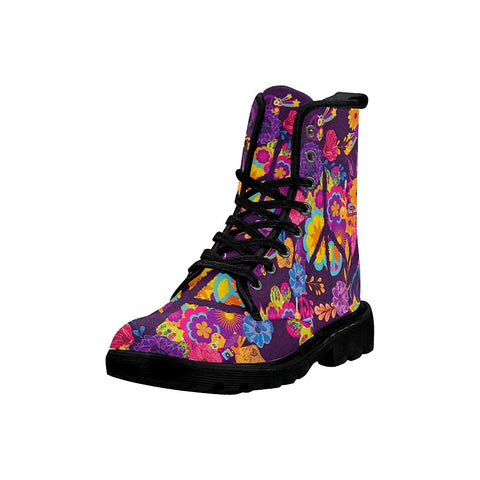 Image of Bursting Colorful Peaceful Floral Hippie Womens Boots, Rain Boots,Hippie,Combat Style Boots,Emo Punk