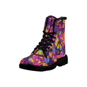 Bursting Colorful Peaceful Floral Hippie Womens Boots, Rain Boots,Hippie,Combat Style Boots,Emo Punk