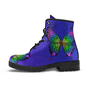Green Purple Butterfly Mandala Women's Vegan Leather Boots, Handcrafted Winter