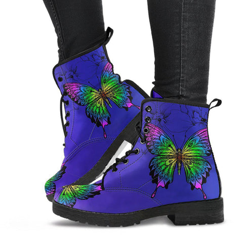 Image of Green Purple Butterfly Mandala Women's Vegan Leather Boots, Handcrafted Winter