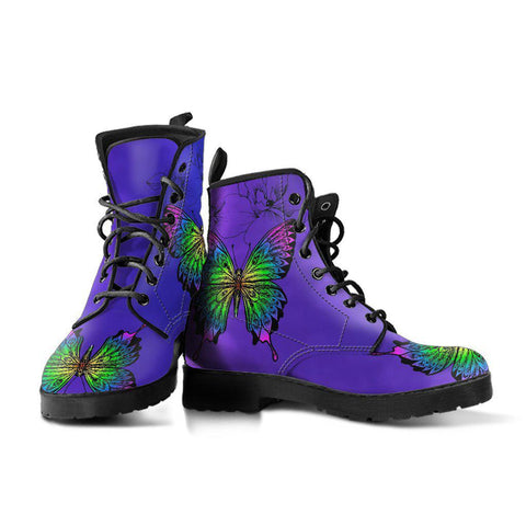 Image of Green Purple Butterfly Mandala Women's Vegan Leather Boots, Handcrafted Winter