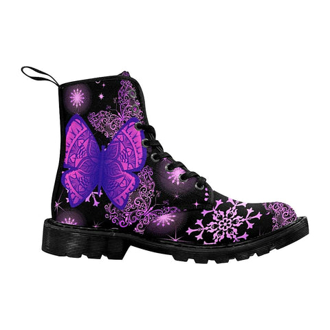 Image of Butterfly Mandala Black And Purple Womens Boots Rain Boots,Hippie,Combat Style Boots,Emo Punk Boots