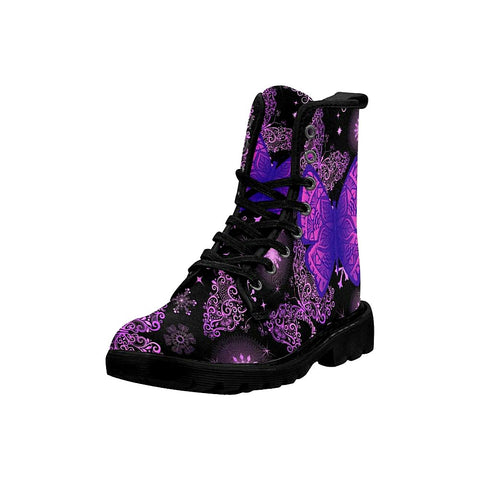 Image of Butterfly Mandala Black And Purple Womens Boots Rain Boots,Hippie,Combat Style Boots,Emo Punk Boots