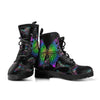 Black Green Butterfly Women's Vegan Leather Boots, Winter Rainbow Rain