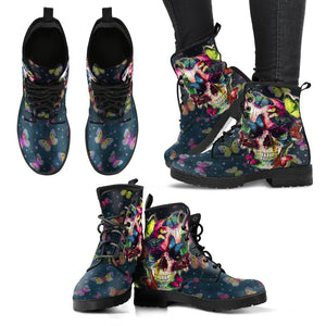 Butterfly Skull, Vegan Leather Women's Boots, Handcrafted Ankle Boots, Lace Up