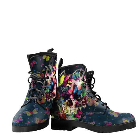 Image of Butterfly Skull, Vegan Leather Women's Boots, Handcrafted Ankle Boots, Lace Up