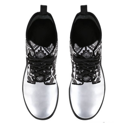 Image of Tribal Black And White Women's Vegan Leather Ankle Boots, Fashion Lace,Up Boots,