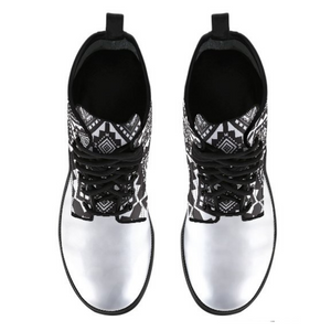 Tribal Black And White Women's Vegan Leather Ankle Boots, Fashion Lace,Up Boots,